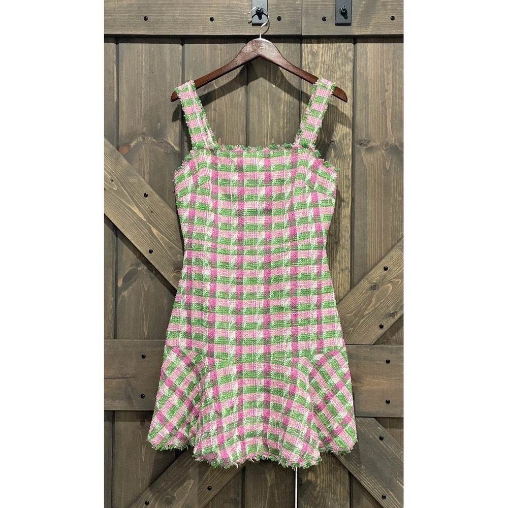 Kate Spade Plaid Tweed Sleeveless drop waist Dress Square Neck Pink Green Sz 10 - Picture 4 of 12